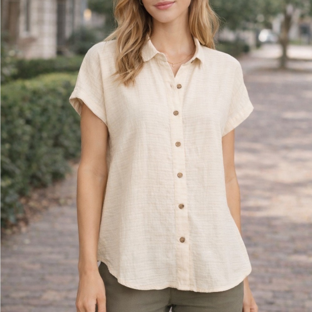 Marine Layer Women's Parchment Dana Short Sleeve Shirt Size XS 51953